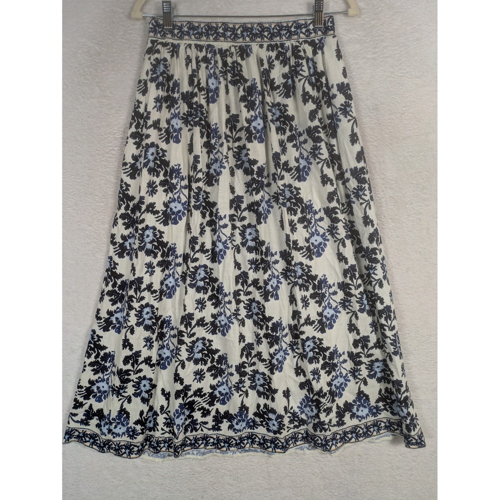 Max Studio London Maxi Skirt Women's Small White Blue Floral Smocked